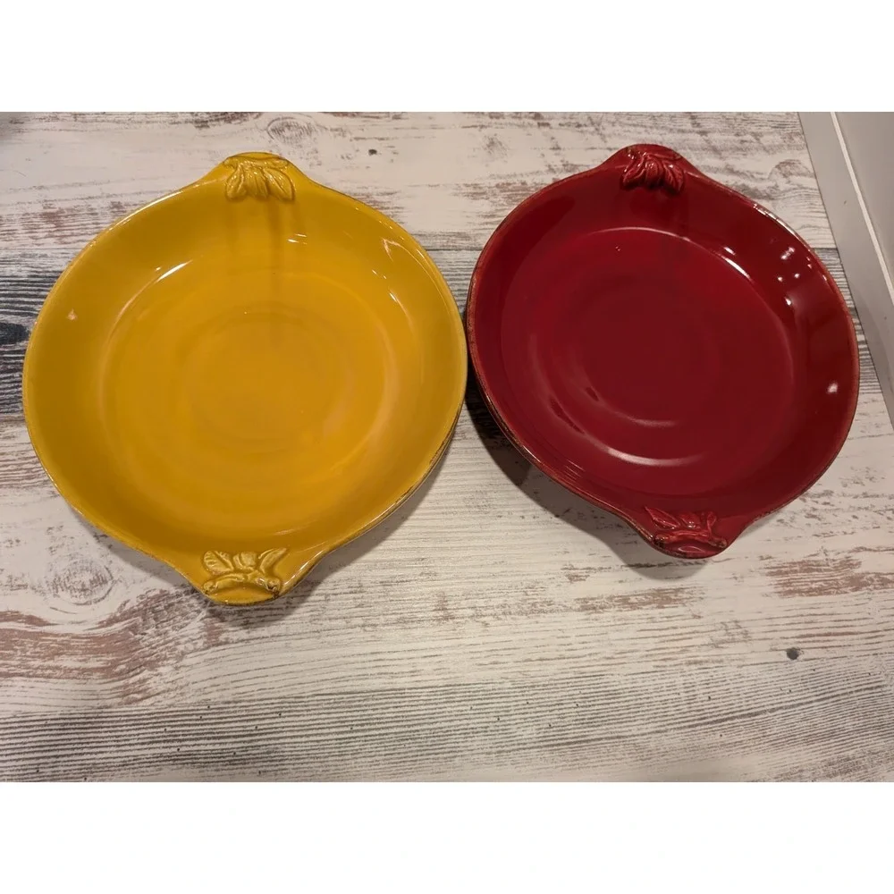 Sur La Table Italy Ceramic Serving Bowls Set of 2 Red Mustard Leaf Handles 9.5